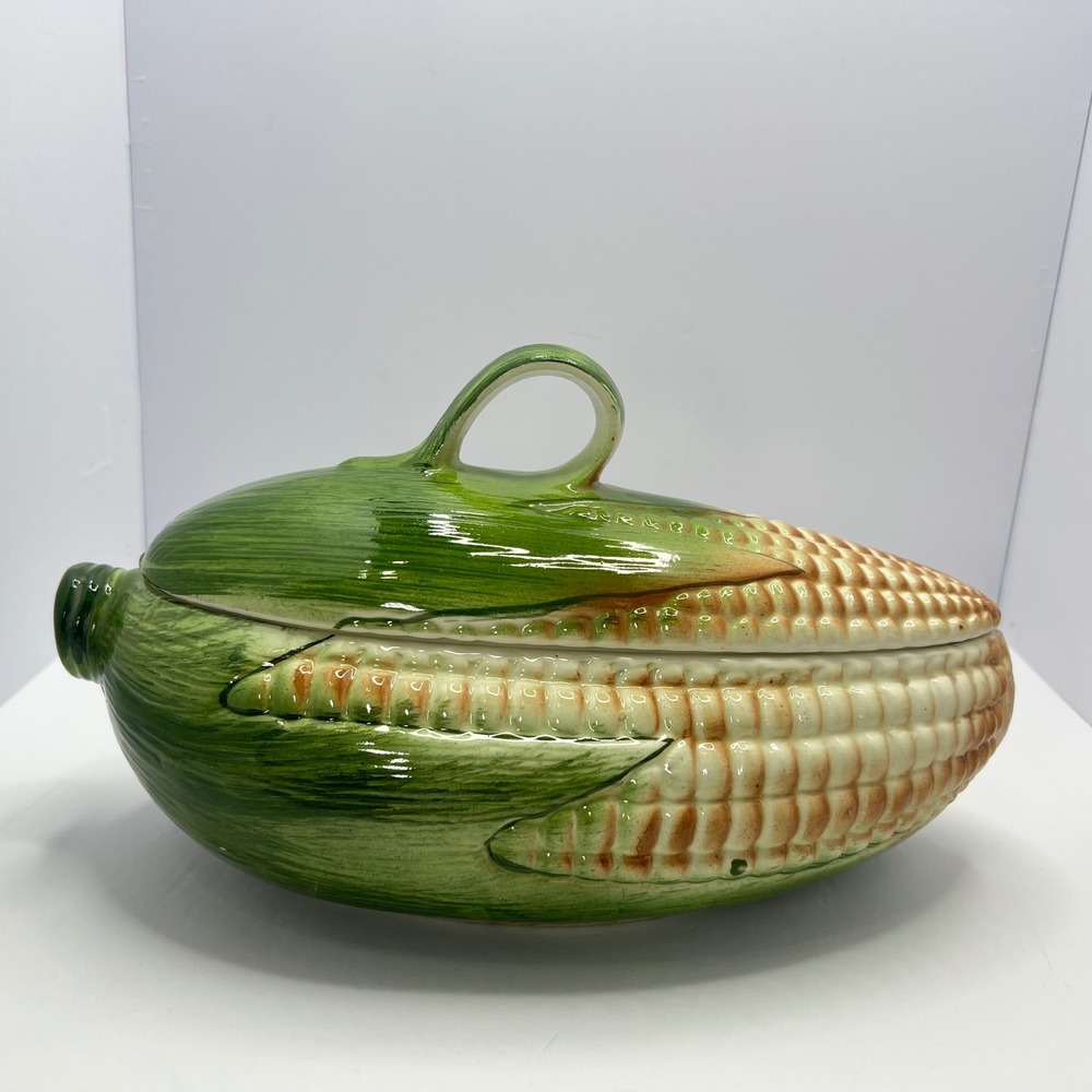 Vintage Corn Ceramic Tureen 14" Casserole Serving Dish Majolica Cottage Harvest